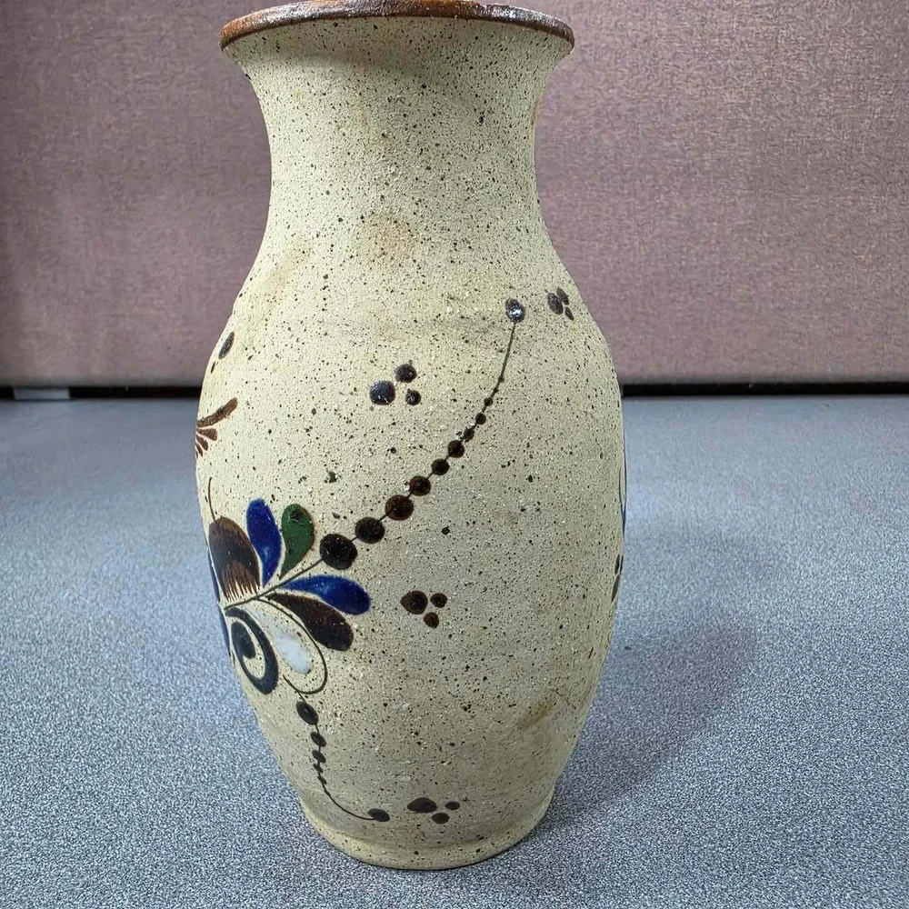 Ken Edwards Pottery Vase Tan Good Bird Floral Tonala Mexico